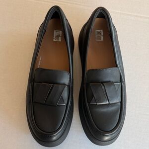 Fitflop Black Women's Folded Leather Flatform Loafers Platform F-Mode Slip-On